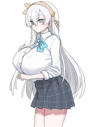 Rule 34 | 1girl, akitokage, alternate breast size, anastasia (fate), blue eyes, blush, breasts, fate/grand order, fate (series), hair over one eye, hairband, highres, huge breasts, long hair, looking at viewer, school uniform, silver hair, solo, very long hair