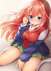 Rule 34 | 1girl, between legs, blazer, blue eyes, blue jacket, blush, breasts, brown background, collared shirt, commentary request, dress shirt, floating hair, go-toubun no hanayome, green skirt, hair between eyes, hair ornament, hand between legs, highres, jacket, kneehighs, large breasts, long hair, long sleeves, minato ojitan, nakano itsuki, no shoes, nose blush, off shoulder, open clothes, open jacket, orange hair, pleated skirt, shirt, sitting, skirt, socks, solo, star (symbol), star hair ornament, sweater vest, thighs, very long hair, wariza, white shirt, white socks