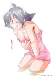 Rule 34 | 1girl, ahoge, amelia wil tesla seyruun, bare shoulders, black hair, blue eyes, blush, breasts, covering privates, covering crotch, eyeball (artist), fingernails, leaning forward, looking at viewer, nipples, one eye closed, onsen, open mouth, shadow, short hair, simple background, slayers, smile, solo, standing, steam, tongue, towel, wading, water, wink