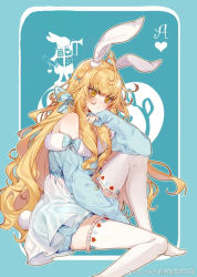 Rule 34 | alice (alice in wonderland), alice (alice in wonderland) (cosplay), animal ears, blonde hair, cosplay, cover, cover page, douluo dalu, drill hair, drill sidelocks, hei zhi shi, highres, jiang nannan (douluo dalu), long hair, official art, rabbit ears, sidelocks, skirt, solo, thighhighs, third-party source, yellow eyes