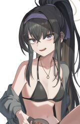 Rule 34 | 1girl, absurdres, bikini, black bikini, black hair, blue archive, commentary, cup, flat chest, gold necklace, grey hair, grey jacket, hairband, highres, holding, holding cup, jacket, jewelry, jw (wrdawrda), looking at viewer, mixed-language commentary, necklace, no eyewear, official alternate costume, official alternate hairstyle, open mouth, purple eyes, purple hairband, simple background, solo, swimsuit, ui (blue archive), ui (swimsuit) (blue archive), upper body, white background