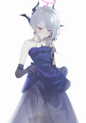 Rule 34 | 1girl, absurdres, bare shoulders, black gloves, blue archive, blue dress, blue gemstone, blush, closed mouth, clothes lift, commentary request, dress, dress lift, drive shot, earrings, elbow gloves, garter straps, gem, gloves, grey hair, halo, highres, hina (blue archive), hina (dress) (blue archive), horns, jewelry, lifted by self, long hair, looking at viewer, necklace, pendant, purple eyes, see-through, see-through dress, simple background, sleeveless, sleeveless dress, solo, strapless, strapless dress, underwear, white background