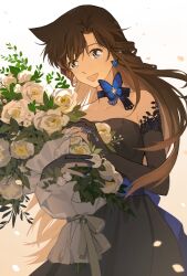 Rule 34 | 1girl, bare shoulders, black dress, blue eyes, blue nails, bouquet, breasts, brown hair, butterfly choker, butterfly earrings, collarbone, cowboy shot, detached sleeves, dress, earrings, falling petals, flower, gloves, gradient background, hair between eyes, highres, holding, holding bouquet, jewelry, loli bushi, long hair, looking at viewer, medium breasts, meitantei conan, mouri ran, nail polish, open mouth, parted bangs, partially fingerless gloves, petals, rose, smile, solo, spiked hair, strapless, strapless dress, white flower, white rose