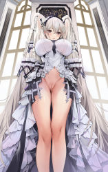 Rule 34 | 1girl, absurdres, arms behind head, arms up, azur lane, blush, bow, cleft of venus, dress bow, embarrassed, formidable (azur lane), formidable (timeless classics) (azur lane), highres, long hair, no panties, official alternate costume, pussy, silver hair, solo, very long hair, yamiiv