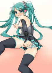 Rule 34 | aqua eyes, aqua hair, ass, bad id, bad pixiv id, blush, covering ass, covering privates, detached sleeves, hatsune miku, highres, long hair, looking back, lying, necktie, panties, reona, skirt, solo, striped clothes, striped panties, thighhighs, twintails, underwear, vocaloid