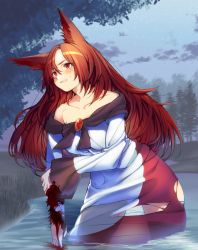 Rule 34 | 1girl, animal ears, bad id, bad pixiv id, blood, blush, brooch, brown hair, clenched teeth, dress, fog, forest, highres, holding own arm, imaizumi kagerou, injury, jewelry, long hair, long sleeves, nature, night, outdoors, po. (medamaoyazi), red eyes, see-through, solo, teeth, torn clothes, torn dress, touhou, tree, upper body, wading, water, wet, wet clothes, wet dress, wolf ears