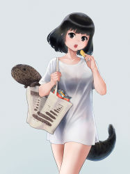 Rule 34 | 1girl, alternate costume, animal, bag, bag of chips, bare arms, beleven, bikini, bikini under clothes, black eyes, black hair, breasts, chips (food), cleavage, collarbone, creature, food, giant salamander, grey background, highres, holding, holding food, japanese giant salamander (kemono friends), kemono friends, lizard tail, md5 mismatch, medium breasts, medium hair, no pants, open mouth, paid reward available, potato chips, resolution mismatch, salamander, see-through, see-through shirt, shirt, shopping bag, short sleeves, simple background, snack, source smaller, swimsuit, tail, walking, white shirt