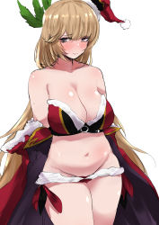Rule 34 | 1girl, absurdres, alternate costume, bare shoulders, belly, bikini, blonde hair, blush, breasts, cape, cleavage, closed mouth, collarbone, fur-trimmed bikini, fur-trimmed cape, fur trim, granblue fantasy, highres, large breasts, lips, long hair, looking at viewer, mature female, navel, promethea (granblue fantasy), ricochet-gou, santa bikini, simple background, solo, sweatdrop, swimsuit, very long hair, white background