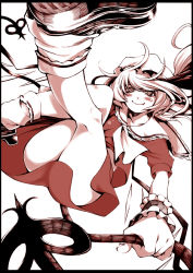 Rule 34 | 1girl, ass, bad id, bad pixiv id, blush, embodiment of scarlet devil, fang, female focus, flandre scarlet, foreshortening, hat, laevatein, legs, monochrome, smile, solo, touhou, uousa-ou