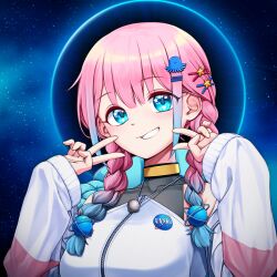Rule 34 | 1girl, blue hair, braid, breasts, highres, jacket, large breasts, multicolored hair, night, night sky, pink hair, randle, sky, solo, star uanko, twin braids, two-tone hair, upper body, virtual youtuber, white jacket