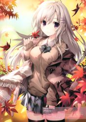 Rule 34 | 1girl, absurdres, artist name, autumn, autumn leaves, black thighhighs, blue bow, blue bowtie, blurry, blurry background, book, bow, bowtie, breasts, coat, collared shirt, cowboy shot, falling leaves, fortissimo, hair ornament, hairclip, highres, holding, holding book, holding leaf, jacket, jacket on shoulders, karory, large breasts, leaf, long hair, long sleeves, looking at viewer, maple leaf, miniskirt, musical note, musical note hair ornament, nature, off shoulder, original, plaid, plaid bow, plaid bowtie, plaid neckwear, plaid skirt, purple eyes, scan, scarf, shirt, silver hair, skindentation, skirt, sleeves past wrists, smile, solo, staff (music), sweater, thighhighs, toggles, treble clef, zettai ryouiki