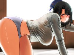 Rule 34 | 10s, 1girl, all fours, alternate costume, beret, black hair, blush, breasts, bright background, from side, hanging breasts, hat, kantai collection, large breasts, lips, long sleeves, looking at viewer, panties, perepere-kun, red eyes, see-through, see-through silhouette, shirt, short hair, solo, t-shirt, takao (kancolle), thick thighs, thighs, underwear