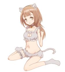 Rule 34 | 1girl, animal ears, beatrice (princess principal), blush, breasts, brown eyes, brown hair, cat ears, cat tail, cleavage, fake animal ears, groin, neck bell, princess principal, simple background, sitting, small breasts, solo, tail, underwear, underwear only, waon (waon oekk), white background
