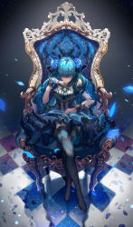 Rule 34 | 1girl, alternate hairstyle, amulet, argyle, argyle clothes, argyle legwear, armchair, bare shoulders, blue flower, blue hair, blue rose, blue thighhighs, bow, brooch, chair, checkered floor, closed eyes, closed mouth, crossed legs, cuffs, dress, female focus, flower, frilled dress, frilled thighhighs, frills, frown, full body, gem, hair bow, hair flower, hair ornament, hatsune miku, highres, hunxiao xingshuang, jewelry, long hair, no shoes, petals, rose, rose petals, sitting, sleeveless, sleeveless dress, solo, striped clothes, striped thighhighs, thighhighs, throne, twintails, vertical-striped clothes, vertical-striped thighhighs, vocaloid, wrist cuffs