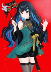 Rule 34 | 1girl, absurdres, bare shoulders, black hair, black nails, blue hair, colored inner hair, dress, fate/grand order, fate (series), green dress, grey eyes, highres, jacket, jewelry, long hair, looking at viewer, mask, multicolored hair, nail polish, red background, shorts, smile, solo, tenochtitlan (event portrait) (fate), tenochtitlan (fate), uriuriyukitti
