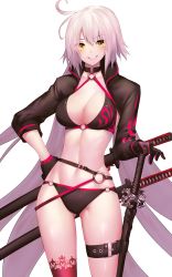 Rule 34 | 1girl, absurdly long hair, alternate costume, asymmetrical legwear, bikini, black bikini, black gloves, blush, breasts, cleavage, collarbone, cowboy shot, fate/grand order, fate (series), floating hair, gloves, gluteal fold, grin, groin, hair between eyes, hand on own hip, highres, jeanne d&#039;arc alter (swimsuit berserker) (fate), jeanne d&#039;arc (fate), jeanne d&#039;arc alter (fate), jeanne d&#039;arc alter (swimsuit berserker) (fate), large breasts, long hair, looking at viewer, navel, o-ring, o-ring bikini, rahato, red thighhighs, sheath, sheathed, shrug (clothing), silver hair, simple background, smile, solo, standing, swimsuit, sword, thigh strap, thighhighs, uneven legwear, very long hair, weapon, white background, yellow eyes