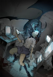 Rule 34 | 1girl, animal, animal on shoulder, arm at side, bag, black socks, blue skirt, blue theme, brown hair, cellphone, chair, commentary request, computer, demizu posuka, desk, dragon, dutch angle, eye contact, face-to-face, glowing, glowing eyes, holding, holding phone, indoors, kneehighs, laptop, leaning back, looking at another, looking up, miniskirt, monitor, muted color, office chair, original, phone, pleated skirt, school bag, screen light, shirt, signature, sitting, sketch, skirt, smartphone, socks, solo, swivel chair, teeth, white shirt