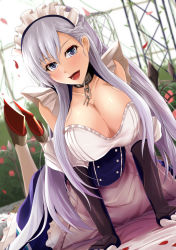 Rule 34 | 1girl, arm support, azur lane, bad id, bad pixiv id, bare shoulders, belfast (azur lane), blue eyes, blush, braid, breasts, chain, cleavage, collar, collarbone, commentary request, french braid, gloves, kanzaki kureha, large breasts, long hair, looking at viewer, maid, maid headdress, open mouth, silver hair, solo