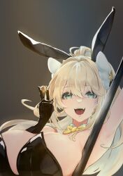 Rule 34 | 1girl, :d, animal ears, armpits, black gloves, black leotard, blonde hair, bow, bowtie, breasts, cleavage, coin, detached collar, elbow gloves, fake animal ears, gloves, goddess of victory: nikke, green eyes, hair between eyes, hair intakes, hair ornament, highres, jackmackerel aji, large breasts, leotard, long hair, looking at viewer, official alternate costume, open mouth, playboy bunny, pole, ponytail, rabbit ears, rupee (nikke), rupee (rabbit deluxe) (nikke), smile, solo, strapless, strapless leotard, yellow bow, yellow bowtie