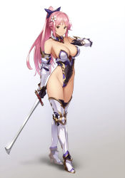 Rule 34 | 1girl, armor, armpits, bare shoulders, black bow, boots, bow, breasts, brown eyes, cleavage, closed mouth, flower, full body, greaves, hair bow, hair flower, hair ornament, high heel boots, high heels, highleg, highleg leotard, highres, holding, holding sword, holding weapon, houtengeki, knight, large breasts, leotard, long hair, looking at viewer, original, pink hair, ponytail, revealing clothes, sideboob, simple background, smile, solo, standing, sword, thigh boots, thighhighs, warrior, weapon, white background