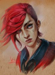 Rule 34 | 1girl, arcane: league of legends, arcane vi, artist name, brown background, character name, closed mouth, cropped shoulders, ear piercing, eyebrow cut, inna vjuzhanina, jacket, league of legends, neck tattoo, nose piercing, piercing, red hair, red jacket, short hair, solo, tattoo, vi (league of legends)