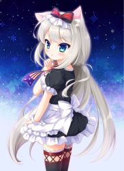 Rule 34 | 1girl, :t, american flag, american flag print, animal ears, apron, azur lane, black dress, black thighhighs, blue eyes, blush, bow, cat ears, closed mouth, commentary request, cowboy shot, dress, fingernails, flag print, frilled apron, frilled dress, frills, grey hair, hair bow, hammann (azur lane), hand up, highres, long hair, looking at viewer, looking to the side, pout, print neckwear, puffy short sleeves, puffy sleeves, red bow, ryuuka sane, short sleeves, snowflakes, solo, star (symbol), thighhighs, very long hair, waist apron, white apron, wrist cuffs