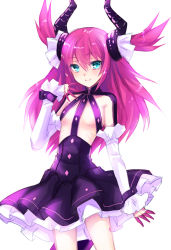 Rule 34 | 10s, 1girl, bare legs, blue eyes, breasts, cowboy shot, detached sleeves, elizabeth bathory (fate), elizabeth bathory (fate/extra ccc), elizabeth bathory (first ascension) (fate), fate/extra, fate/extra ccc, fate/grand order, fate (series), gloves, hair between eyes, highres, horns, long hair, long sleeves, looking at viewer, pink gloves, pink hair, revealing clothes, simple background, small breasts, smile, solo, standing, thighs, twintails, uonuma yuu, white background