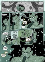 Rule 34 | 3boys, 4koma, alien, character request, comic, commentary, dragon ball, dragonball z, english commentary, english text, gas mask, half-closed eyes, healing, highres, long hair, male focus, mask, multiple boys, nappa, raditz, saiyan, saiyan armor, science fiction, sound effects, speech bubble, starship troopers, submerged, talking, teeth, tiredtriangle