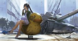 Rule 34 | 1girl, apartment, bag, black hair, blue eyes, building, candy, candy bar, city, commentary request, destroyed, dress, eating, food, green jacket, grocery bag, hair ornament, hair ribbon, horizontal bar, jacket, long hair, long sleeves, looking away, military, military vehicle, mogumo, motor vehicle, open clothes, open shirt, original, outdoors, playground, purple dress, ribbon, shoes, shopping bag, short dress, sitting, sitting sideways, solo, spring rider, strappy heels, tank, twintails, white dress, white footwear, wide shot