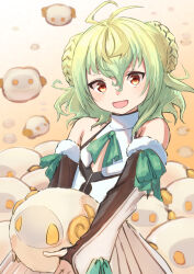Rule 34 | 1boy, animal, apollo (fate), bare shoulders, detached sleeves, fate/grand order, fate (series), green hair, green ribbon, holding, holding animal, horns, male focus, medium hair, nyantiu, open mouth, orange eyes, paris (fate), ribbon, sheep, sheep horns, sleeve ribbon, trap