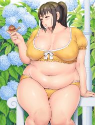 Rule 34 | 1girl, bikini, black hair, breasts, breasts apart, cowboy shot, facing viewer, fat, flower, high ponytail, highres, hydrangea, itou yukino, large breasts, midriff, on railing, orizen, plump, railing, real drive, short sleeves, sitting, snail, solo, swimsuit, thighs