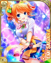 Rule 34 | 1girl, blue eyes, bow, bowtie, button, card (medium), character name, dancing, girlfriend (kari), hair ornament, looking at viewer, multicolored background, multicolored bow, night, official art, open mouth, orange hair, orange sweater, pink bow, plaid, plaid skirt, qp:flapper, ribbon, sagara emi, school uniform, scrunchie, shoes, skirt, snowflakes, socks, solo, standing, sweater, tagme, tied sweater, twintails