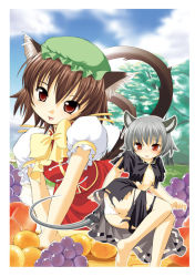 Rule 34 | 2girls, animal ears, barefoot, blush, brown hair, cat ears, cat girl, cat tail, chen, female focus, food, fruit, grapes, grey hair, hat, md5 mismatch, mouse ears, mouse tail, multiple girls, multiple tails, nazrin, panties, red eyes, resolution mismatch, seminoyu, short hair, source larger, tail, torn clothes, touhou, underwear