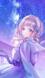 Rule 34 | 1girl, absurdres, braid, braided ponytail, brown hair, cancer (constellation), capricorn (constellation), constellation, finger to mouth, highres, idolmaster, idolmaster shiny colors, kevn, leo (constellation), libra (constellation), light smile, long sleeves, looking at viewer, looking back, milky way, night, night sky, outdoors, pisces (constellation), puffy long sleeves, puffy sleeves, sakuragi mano, sky, solo, star (sky), starry sky