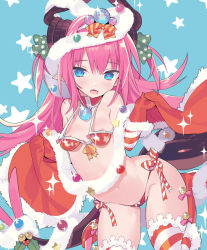 Rule 34 | 1girl, arched back, armor, bare shoulders, bikini armor, blade (galaxist), blue background, blue eyes, blush, breasts, choker, christmas, christmas ornaments, curled horns, diagonal stripes, dragon girl, dragon horns, dragon tail, elizabeth bathory (brave) (fate), elizabeth bathory (fate), fang, fate/grand order, fate (series), fur-trimmed gloves, fur trim, glint, gloves, green ribbon, groin, hair between eyes, hair ribbon, head tilt, heart, heart-shaped pupils, horns, looking at viewer, navel, open mouth, oversized clothes, pink hair, pointy ears, polka dot, polka dot ribbon, red armor, red choker, red gloves, ribbon, sidelocks, skin fang, small breasts, solo, sparkle, star (symbol), striped clothes, striped thighhighs, symbol-shaped pupils, tail, thighhighs, two side up