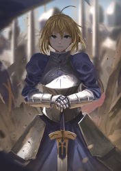 Rule 34 | 1girl, absurdres, ahoge, armor, armored dress, army, artoria pendragon (all), artoria pendragon (fate), blonde hair, blue eyes, blurry, blurry background, breastplate, closed mouth, cowboy shot, depth of field, excalibur (fate/stay night), faiz azhar, fate/stay night, fate (series), faulds, full armor, gauntlets, hair between eyes, hands on hilt, helmet, highres, holding, holding sword, holding weapon, juliet sleeves, long sleeves, looking at viewer, md5 mismatch, puffy sleeves, resolution mismatch, saber (fate), soldier, solo focus, source smaller, sword, weapon
