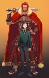Rule 34 | 2boys, armor, beard, breastplate, cape, cleavage cutout, clothing cutout, facial hair, fate/zero, fate (series), full body, fur-trimmed cape, fur trim, halorane, highres, iskandar (fate), large pectorals, leather, male focus, mature male, multiple boys, muscular, muscular male, necktie, over shoulder, pectoral cleavage, pectorals, red cape, red eyes, red hair, short hair, sword, sword over shoulder, waver velvet, weapon, weapon over shoulder