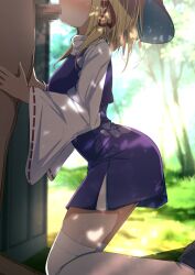 Rule 34 | 1boy, 1girl, absurdres, black footwear, blonde hair, blush, censored, clothed female nude male, commentary request, darumoon, day, dress, fellatio, hair ribbon, hat, head out of frame, heart, highres, kneeling, long sleeves, medium hair, moriya suwako, mosaic censoring, nude, on ground, oral, outdoors, paid reward available, purple dress, red ribbon, ribbon, ribbon-trimmed sleeves, ribbon trim, shoes, sidelocks, thighhighs, touhou, white thighhighs