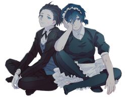 Rule 34 | 2boys, alternate costume, apron, black gloves, black hair, black suit, blue eyes, blue hair, closed mouth, commentary, formal, gloves, highres, maid apron, maid headdress, male focus, mochizuki ryouji, multiple boys, persona, persona 3, short hair, simple background, sitting, smile, suit, symbol-only commentary, tokofu u, white background, white gloves, yuuki makoto (persona 3)