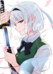 Rule 34 | 1girl, absurdres, black bow, black bowtie, black hairband, bow, bowtie, cherry blossoms, commentary request, flower, ghost, green eyes, grey hair, hairband, highres, holding, holding sword, holding weapon, katana, konpaku youmu, konpaku youmu (ghost), looking at viewer, nano popo02, petals, pink flower, short hair, short sleeves, simple background, solo, sword, sword in front of face, touhou, upper body, weapon, white background