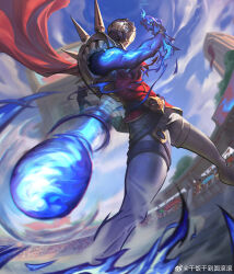 Rule 34 | 1boy, absurdres, arena, belt, black belt, blue eyes, bush, cape, cloud, cloudy sky, colored skin, dust, feet out of frame, firing, full body, glowing, glowing arm, glowing eye, glowing hand, gun, highres, holding, holding gun, holding weapon, jhin, league of legends, male focus, mask, official alternate costume, official alternate hairstyle, pants, people, pigubu, red cape, red shirt, shirt, sky, solo focus, soul fighter jhin, standing, weapon, white pants
