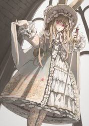 Rule 34 | 1girl, blonde hair, dress, feet out of frame, floral print, flower, frilled dress, frills, from below, goth fashion, highres, holding, holding sword, holding weapon, indoors, lolita fashion, long hair, long sleeves, looking at viewer, open mouth, original, osobachan, red eyes, rose, solo, standing, sword, weapon, white dress, white flower, white headwear, white legwear, white rose