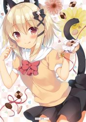 Rule 34 | 10s, 1girl, :&gt;, :q, alice or alice, animal ears, artist name, black bow, black ribbon, black skirt, blush, bow, brown eyes, brown hair, cat ears, cat tail, checkered background, checkered cookie, closed mouth, cookie, flower, food, hair between eyes, hair bow, hair ribbon, heart, highres, leaning forward, looking at viewer, mako (alice or alice), pink ribbon, red bow, ribbon, sazaki ichiri, scan, short sleeves, skirt, smile, solo, tail, tongue, tongue out