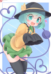 Rule 34 | 1girl, absurdres, black hat, black thighhighs, blush, buttons, commentary request, diamond button, eyeball, feet out of frame, frilled shirt collar, frilled sleeves, frills, green eyes, green hair, green skirt, hair between eyes, harunoha, hat, hat ribbon, heart, heart of string, highres, koishi day, komeiji koishi, long bangs, long sleeves, looking at viewer, medium hair, miniskirt, open mouth, ribbon, shirt, skirt, sleeves past fingers, sleeves past wrists, smile, solo, swept bangs, thighhighs, third eye, touhou, translation request, wide sleeves, yellow ribbon, yellow shirt