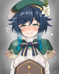 Rule 34 | 1boy, ?, after fellatio, androgynous, beret, black hair, blue hair, blush, bow, braid, brooch, collared cape, collared shirt, commentary request, corset, daroon5, flower, furrowed brow, gem, genshin impact, gradient hair, green eyes, green hat, grey background, grin, hat, hat flower, heart, highres, jewelry, leaf, looking at viewer, male focus, multicolored hair, open mouth, shirt, short hair with long locks, side braids, sidelocks, simple background, smile, solo, steaming body, stray pubic hair, sweat, trap, twin braids, venti (genshin impact), white flower, white shirt