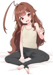 Rule 34 | 1girl, :d, ahoge, bare arms, bare shoulders, black pantyhose, brown hair, cameltoe, claw pose, collarbone, commentary request, fang, flat chest, full body, huge ahoge, indian style, kantai collection, kuma (kancolle), long hair, looking at viewer, nassukun, no shoes, open mouth, pantyhose, red eyes, sitting, smile, solo, spread legs, stirrup legwear, tank top, toeless legwear, toes, yellow tank top