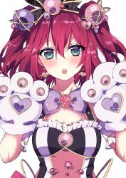 Rule 34 | 1girl, :o, absurdres, animal hands, bad id, bad pixiv id, black bow, blue eyes, blush, bow, breasts, commentary request, earrings, frills, gloves, hair between eyes, hair bow, hair ornament, hands up, heart, heart earrings, heart hair ornament, highres, jewelry, kurosawa ruby, love live!, love live! school idol festival, love live! sunshine!!, parted lips, paw gloves, purple bow, red hair, shirasu uni, short sleeves, simple background, small breasts, solo, teeth, upper body, upper teeth only, white background
