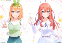 Rule 34 | 2girls, 6u (eternal land), absurdres, blue eyes, blush, bow, breasts, character name, collarbone, flower, go-toubun no hanayome, hair bow, hair ornament, highres, holding hands, interlocked fingers, long hair, looking at viewer, medium breasts, multiple girls, nakano itsuki, nakano yotsuba, open mouth, orange hair, page number, petals, red hair, scan, siblings, simple background, sisters, v