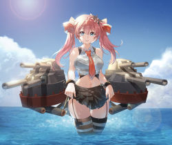 Rule 34 | 1girl, bare shoulders, blue eyes, blue sky, breasts, cloud, cowboy shot, garter straps, hair ornament, highres, jokanhiyou, large breasts, lens flare, midriff, miniskirt, navel, necktie, ocean, original, personification, pink hair, pleated skirt, red necktie, rigging, shirt, skirt, skirt hold, sky, sleeveless, sleeveless shirt, solo, striped clothes, striped thighhighs, thighhighs, turret, wading, wrist cuffs