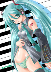 Rule 34 | aqua eyes, aqua hair, bad id, bad pixiv id, bare shoulders, blush, bottomless, cameltoe, detached sleeves, hatsune miku, headphones, long hair, midriff, mio (fastest lap), navel, necktie, no pants, panties, skirt, solo, striped clothes, striped panties, thighhighs, twintails, underwear, vocaloid